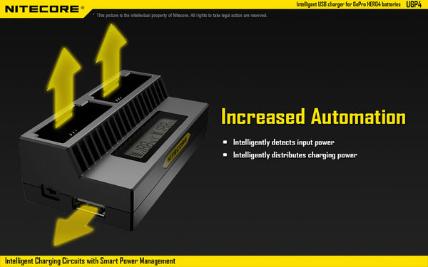 Dual USB GoPro Battery Charger New Zealand with USB output for charging other devices simultaniously.