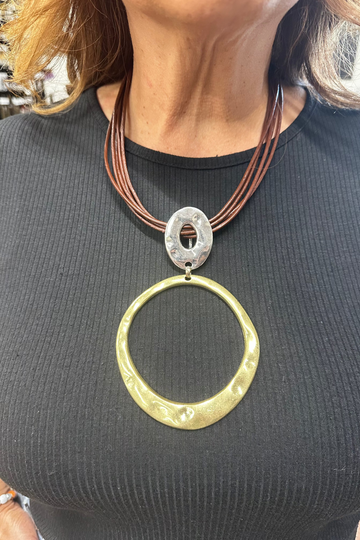 Gold/Silver Hammered Circle Pendants on Brown Multi Cord Necklace - NEK4422GD Image 1