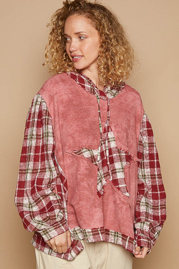 Born A Star Patch Plaid Long Sleeve Hooded Top Image 1