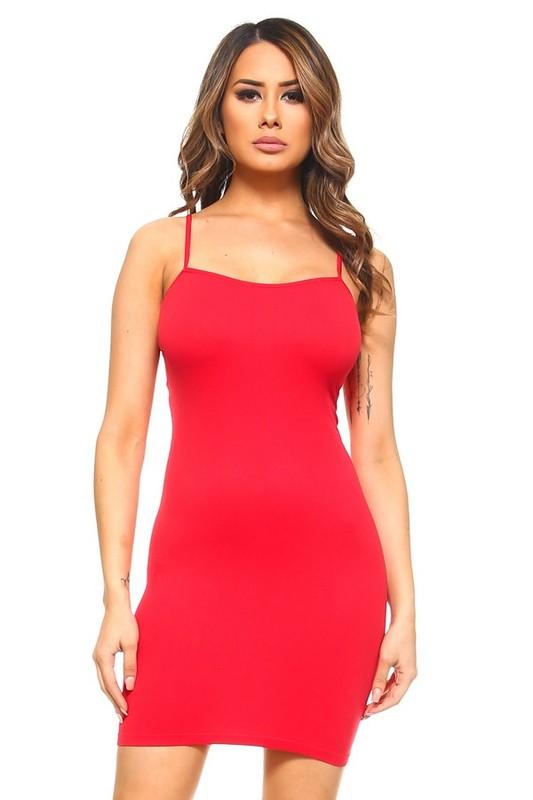 red cami slip dress