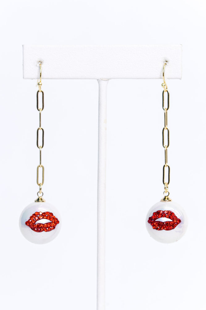 Gold/Red/Chain Linked/Bling Lips/Pearl Drop Earrings - EAR3415RD