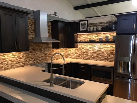 Kitchen cabinets with soft white LED lighting effect