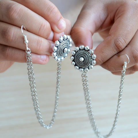 Oxidized Silver Mandala Earring with Ear Chain and Finger Ring (Bohemian Jewellery)