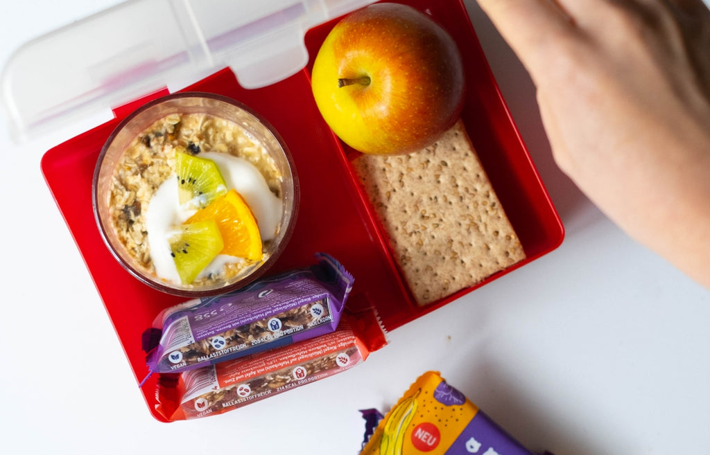 Lunch box with apple, porridge and pocket porridge