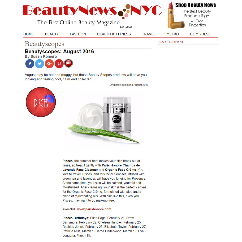 Beauty News NYC Recommends PARIS HONORÉ's FACE CLEANSER and Organic FACE CRÈME