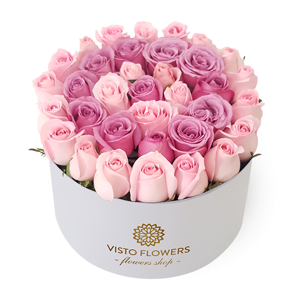 Caja de Rosas Rosa y Lila Redonda Blanca – Visto Flowers | Envio de Flores