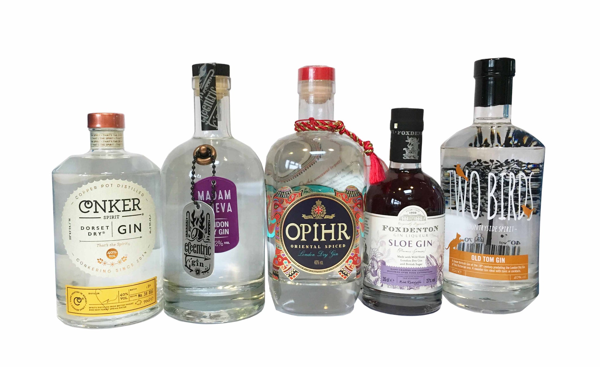 Bottles of Conker Spirit gin, Eccentric Madam Geneva gin, Opihr Oriental Spiced gin, Foxdenton Sloe gin and Two Birds Old Tom gin