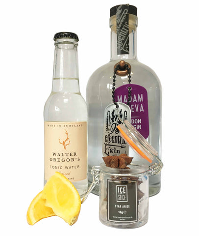 Eccentric Madam Geneva Gin with Walter Gregor's Spiced tonic water a wedge of orange and an Ice and a Slice botanical pot of Star Anise
