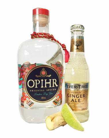Opihr Oriental Spiced gin and Fever Tree Ginger Ale some root ginger and a wedge of lime