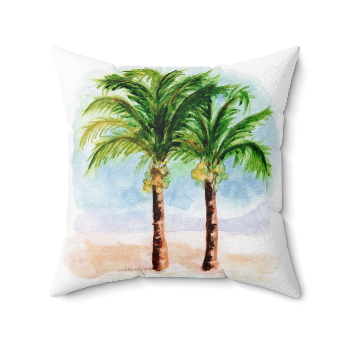 Watercolor Tropical Palm Trees Square Pillow by Artist Michelle Mospens