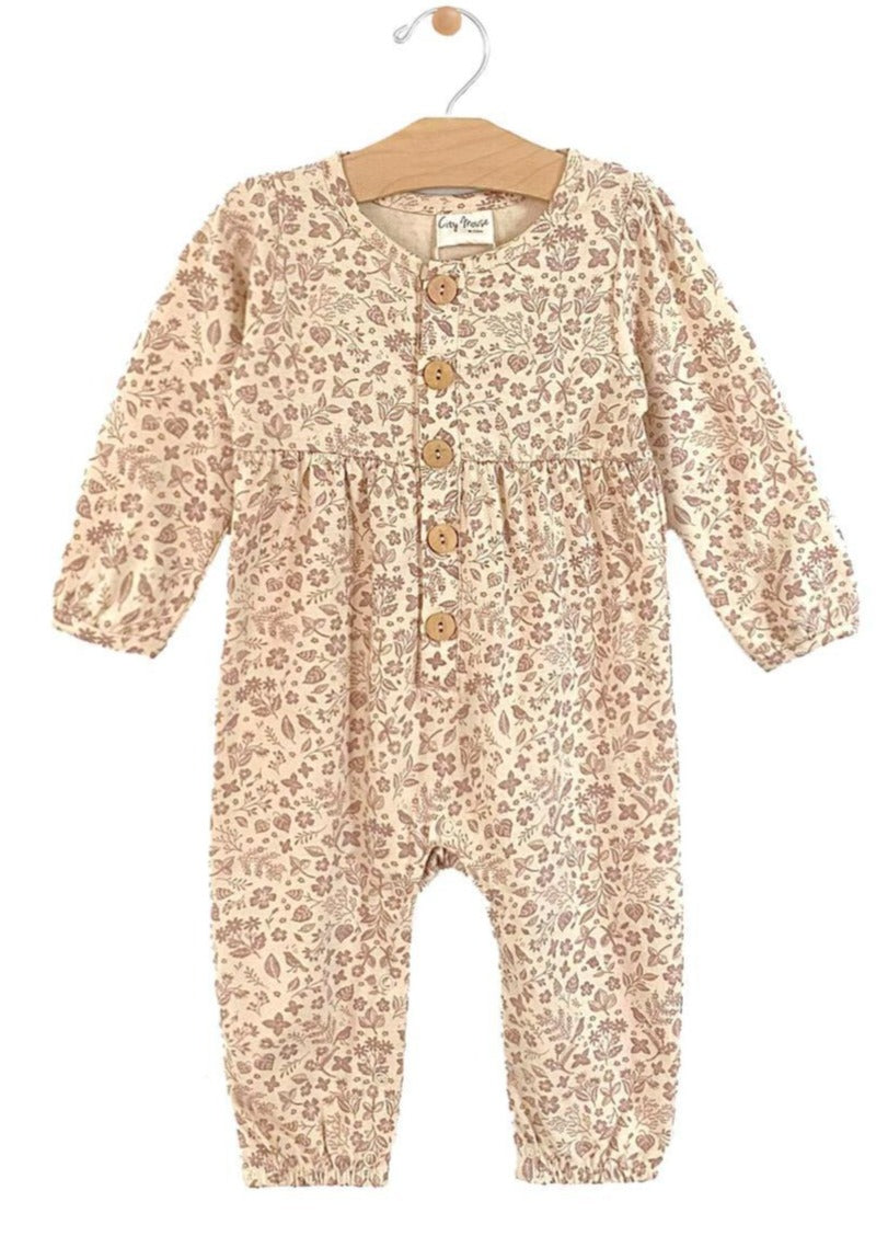 City Mouse | Button Gathered Romper | Dusty Rose Garden