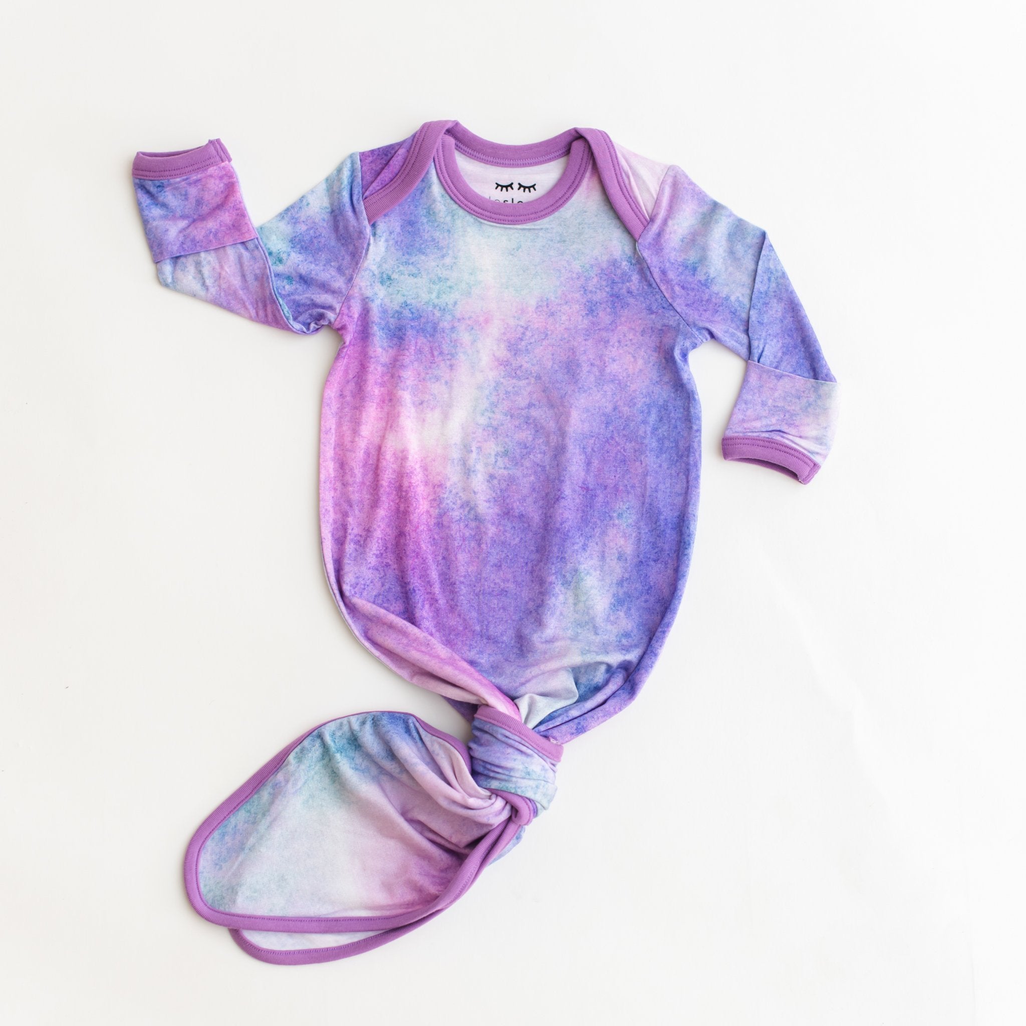 Little Sleepies | Purple Watercolor Bamboo Viscose Infant Knotted Gown & Headband Set