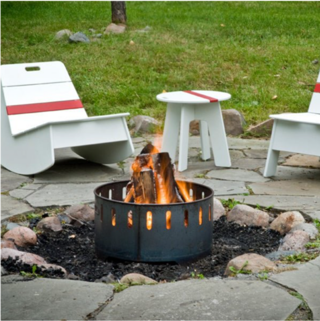 loll firepit with wood and fire on patio