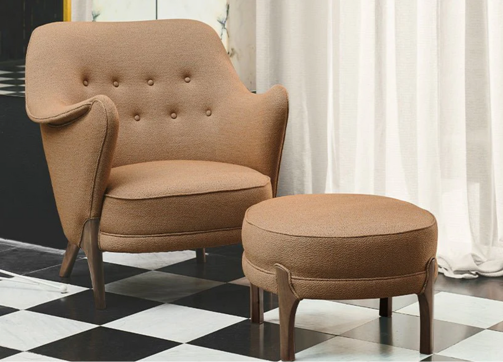 brown upholstered cocktail lounge chair and pouf ottoman