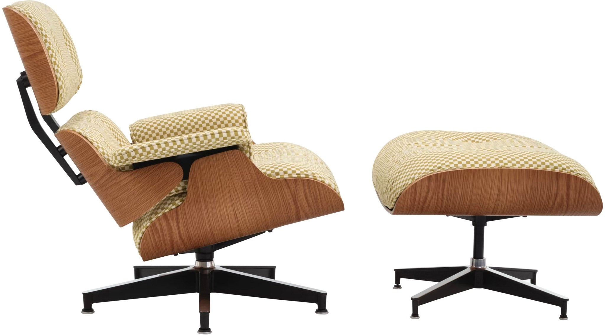 Eames® Lounge Chair and Ottoman - Alexander Girard Check - Classic / Oiled Walnut / Emerald Light/Ivory Checker