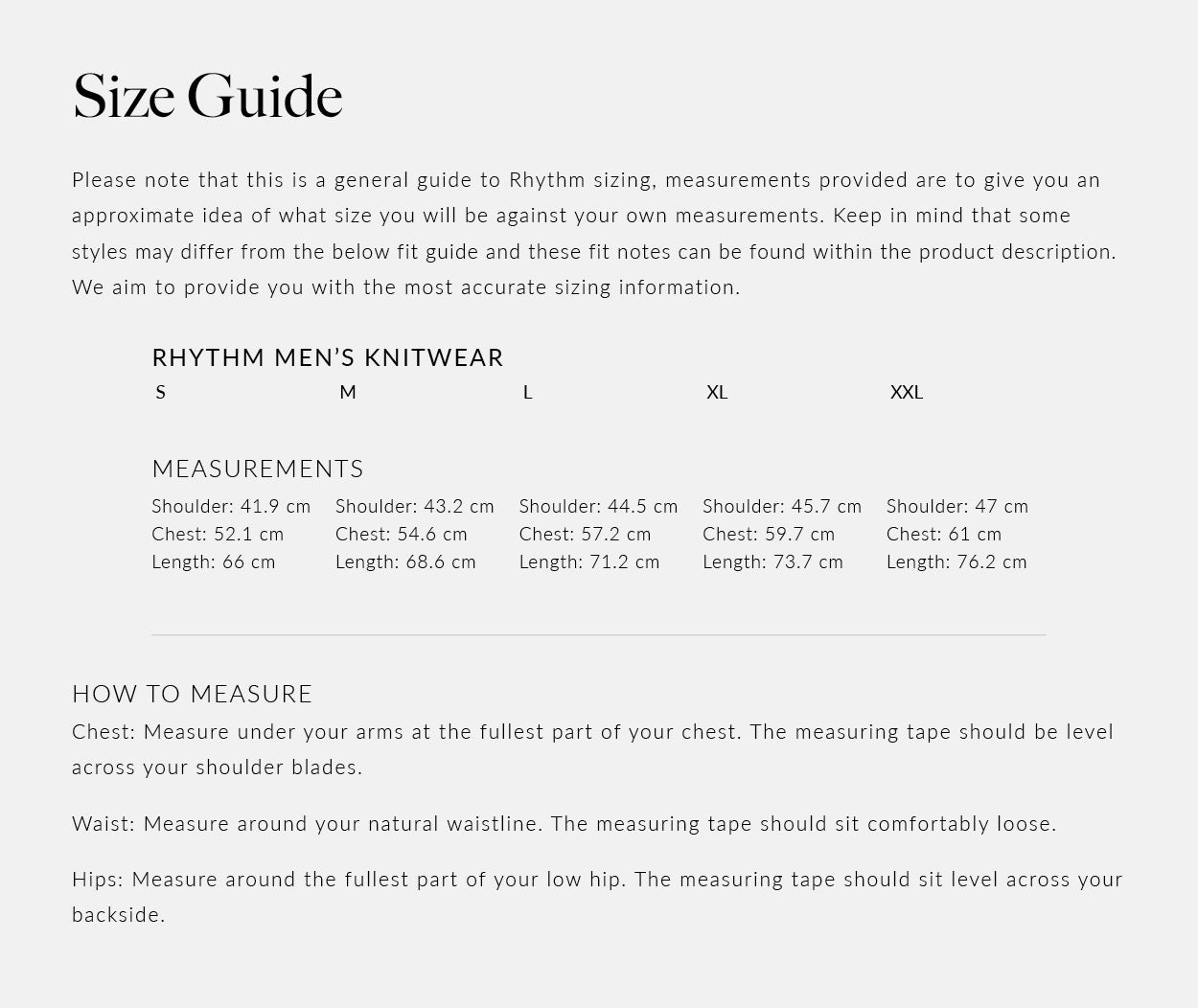 Mens Knit Size Guide