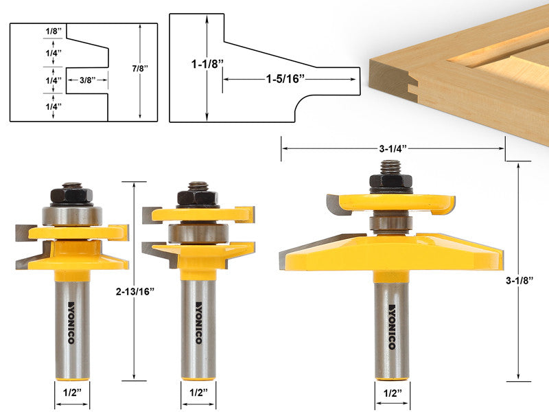 3 Bit Raised Panel Cabinet Door Router Bit Set Bevel 1 2 Shank Yonico 12350