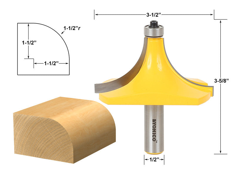 Round Over Edging Router Bit - 1-1/2" Radius - 1/2" Shank - Yonico 131