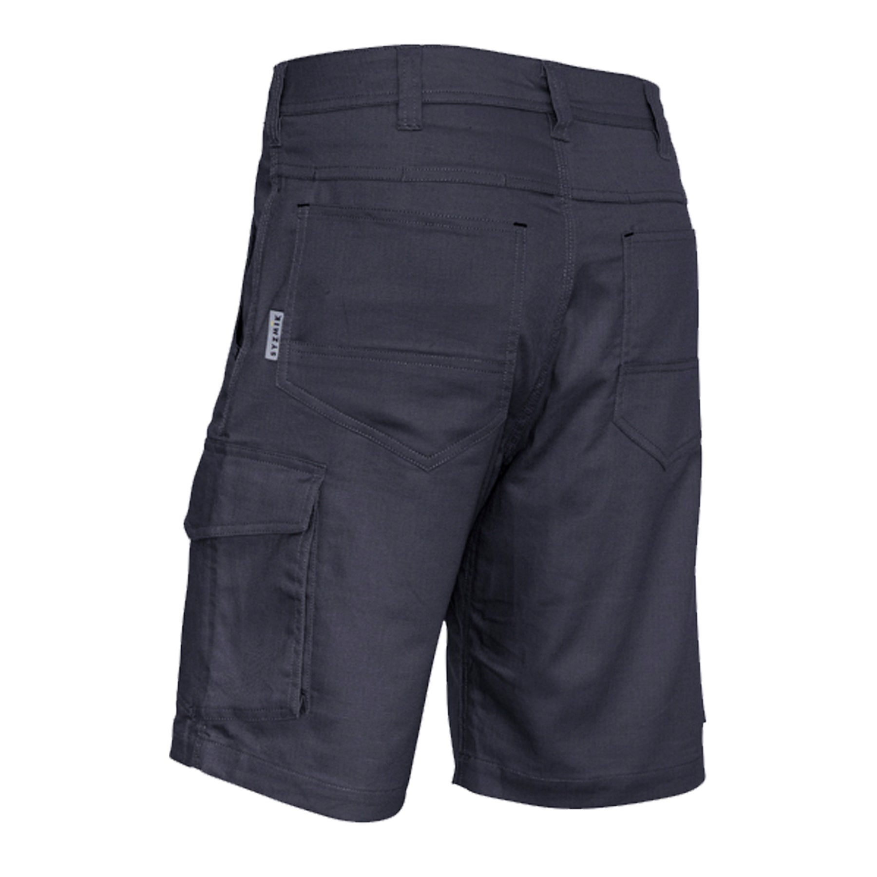 back of rugged vented short in charcoal
