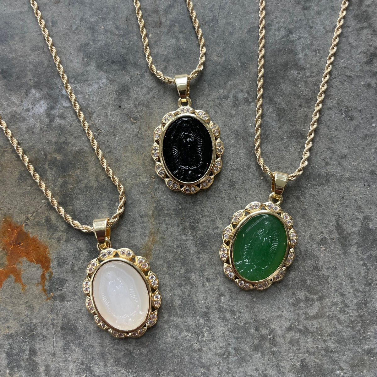 Carved Mary Cameo Necklace - Green