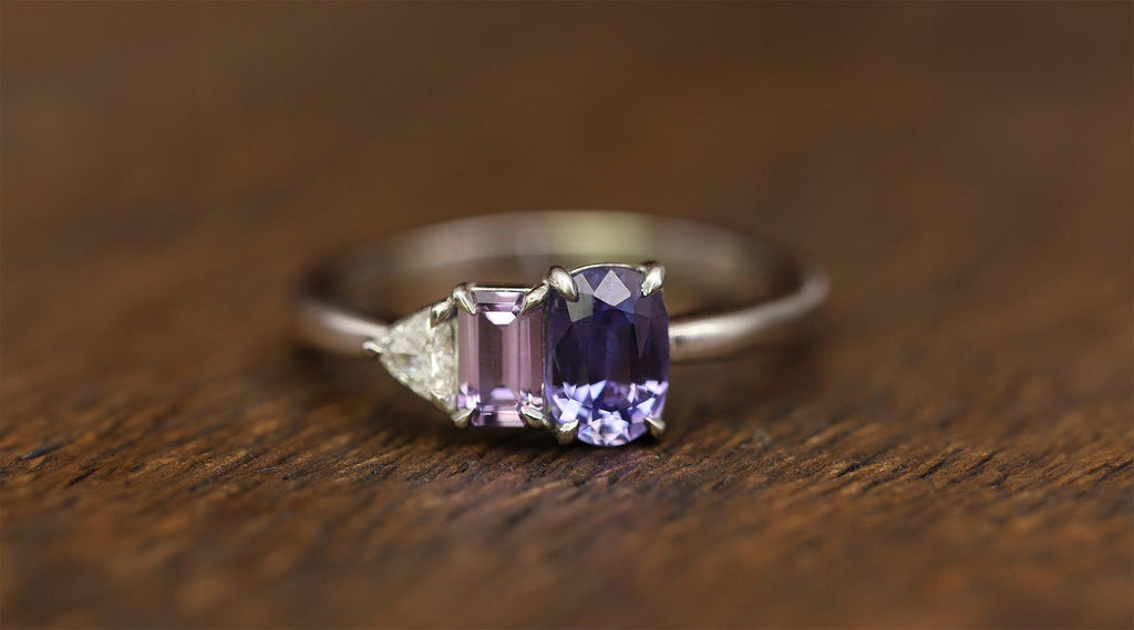 Asymmetric Bespoke Purple Sapphire and Diamond Ring
