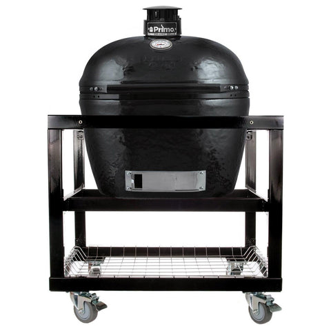 Large Primo Oval Grill sitting in a Primo PG00368 Metal Cart.