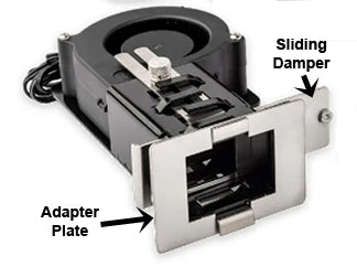 Fireboard 2 Drive Blower Motor with Sliding Damper and connecting Adapter Plate.