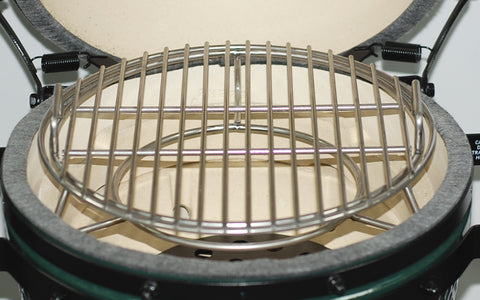 MiniMax Big Green EGG Expander with cooking grid sitting in the MiniMax Big Green EGG.
