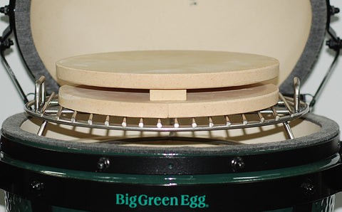 Pizza on the MiniMax Big Green EGG with Minimax Expander holding the heat deflector, spacers and pizza stone.