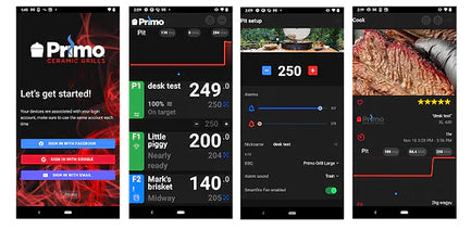 Four pictures of settings on Primo Grill's Primo Plus Smartfire app for Primo Plus Temperature Controller