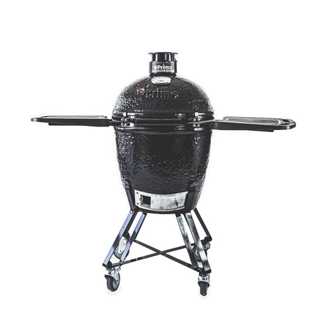 Front view of the Primo Round Grill, All-In-One Pacakge with cradle and side shelves