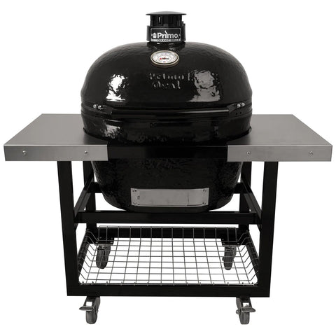 Primo XL Oval Grill sitting in a Primo XL Oval PG00370 Metal Cart. Cart has Stainless side shelves on each side of the Primo xl grill.