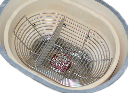 Large Primo Oval Kick Ash Basket, Can and divider sitting in a Large Primo Oval Grill.