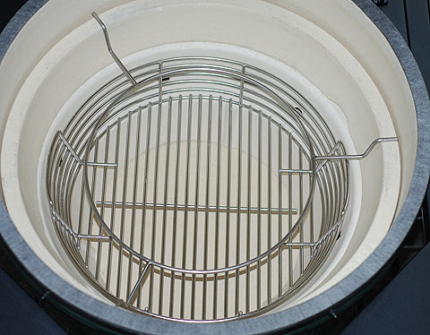 Looking down at the XL Big Green EGG Deep Drop Spider over the XL Kick Ash Basket.