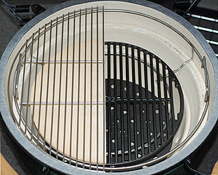 XL Big Green EGG Expander inside an XL Big Green EGG with XL half-moon cooking grid on the Expander's top ring. Expander's bottom ring is set-up for indirect/direct by using 18