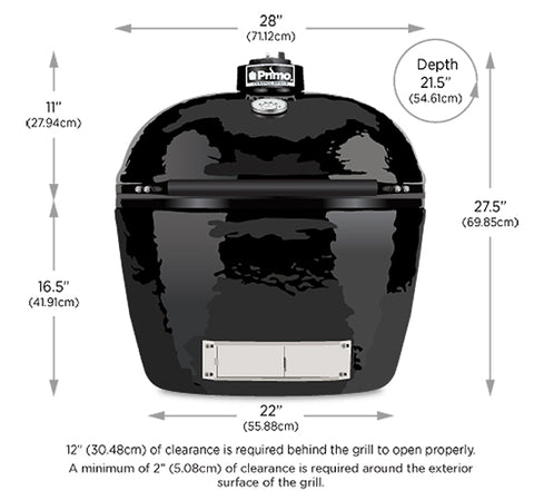 XL Primo Oval Grill picture with key dimensions.