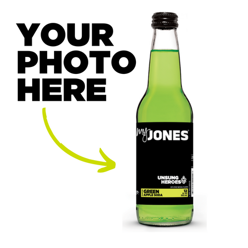 Blanchir le logo MyJones avec les héros méconnus sur le soda Jones Green Apple