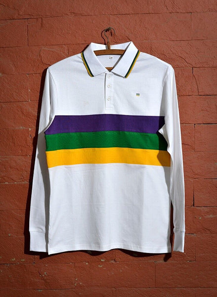 Mardi Gras Long Sleeve Polo Shirt (Woven Stripes) – Poree's Embroidery