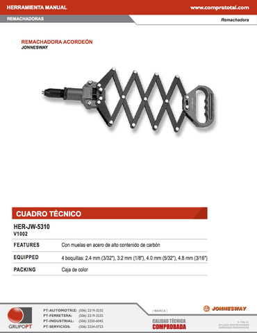 Remachadora neumatica para remaches ciegos 2.4 a 4.8 mm Pistola remaches -  1026