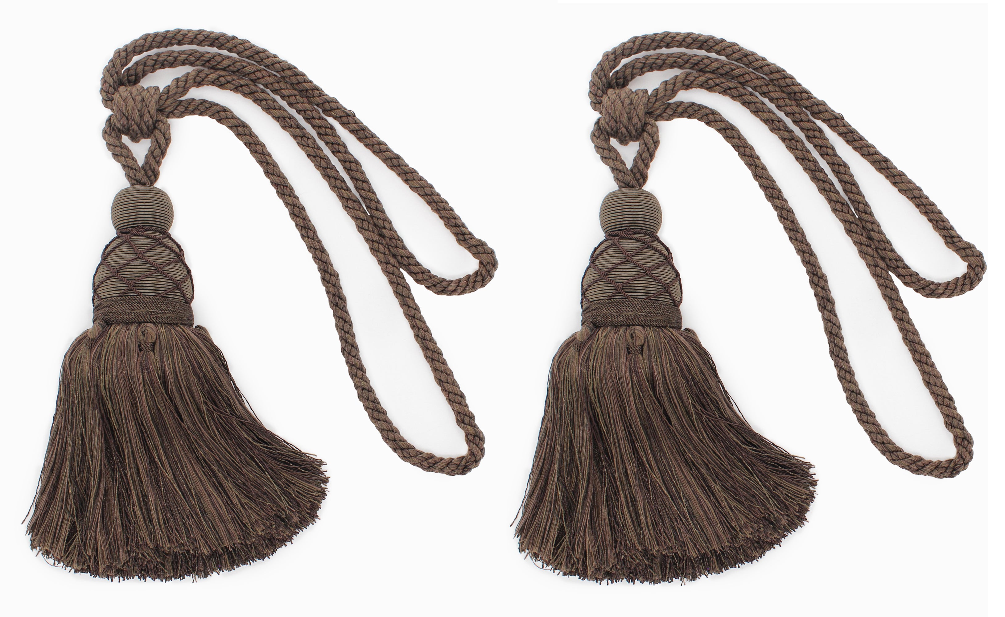 DÉCOPRO Large Beautiful Curtain & Drapery Tassel Tieback with Elegant Net Design, Tassel Length 9 1/2" (24cm), Spread 30" (76cm) # TBV095L Umber Brown #VNT27 (Dark Brown) | Set of 2