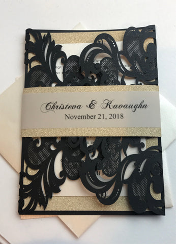 Black Gold Glitter Lasercut Invitation Pocket Fold Laser Cut