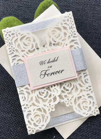 Ivory Off White Silver Glitter Laser Cut Invitation Blush Gold