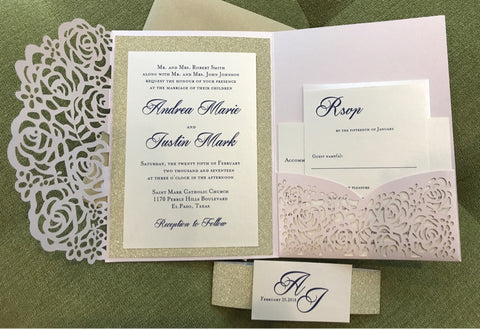 Blush Gold Glitter Lasercut Invitation Pocket Fold Laser Cut