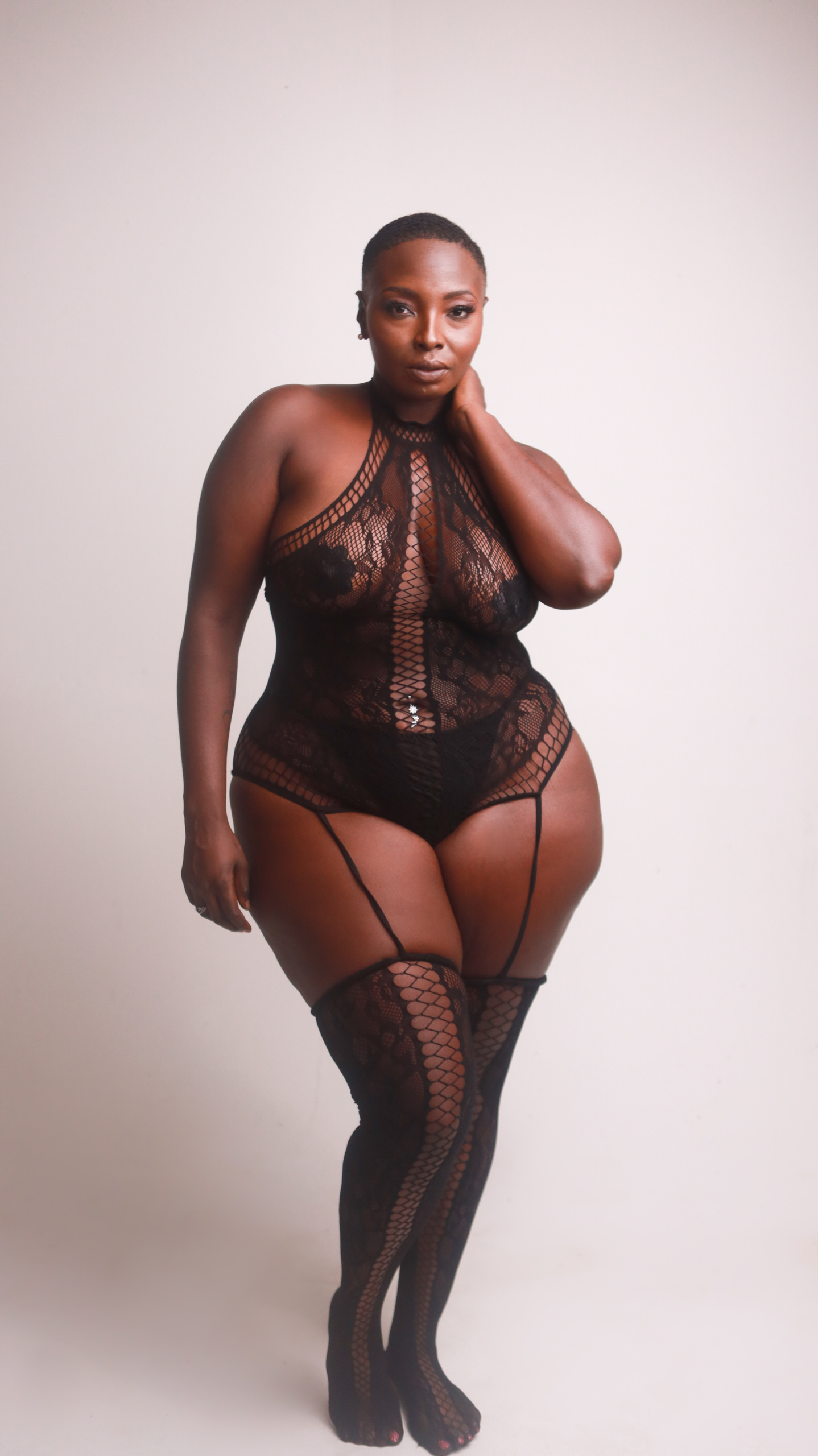 Image of Lace Halter Teddy Bodystocking w/ Garters and Thigh Highs