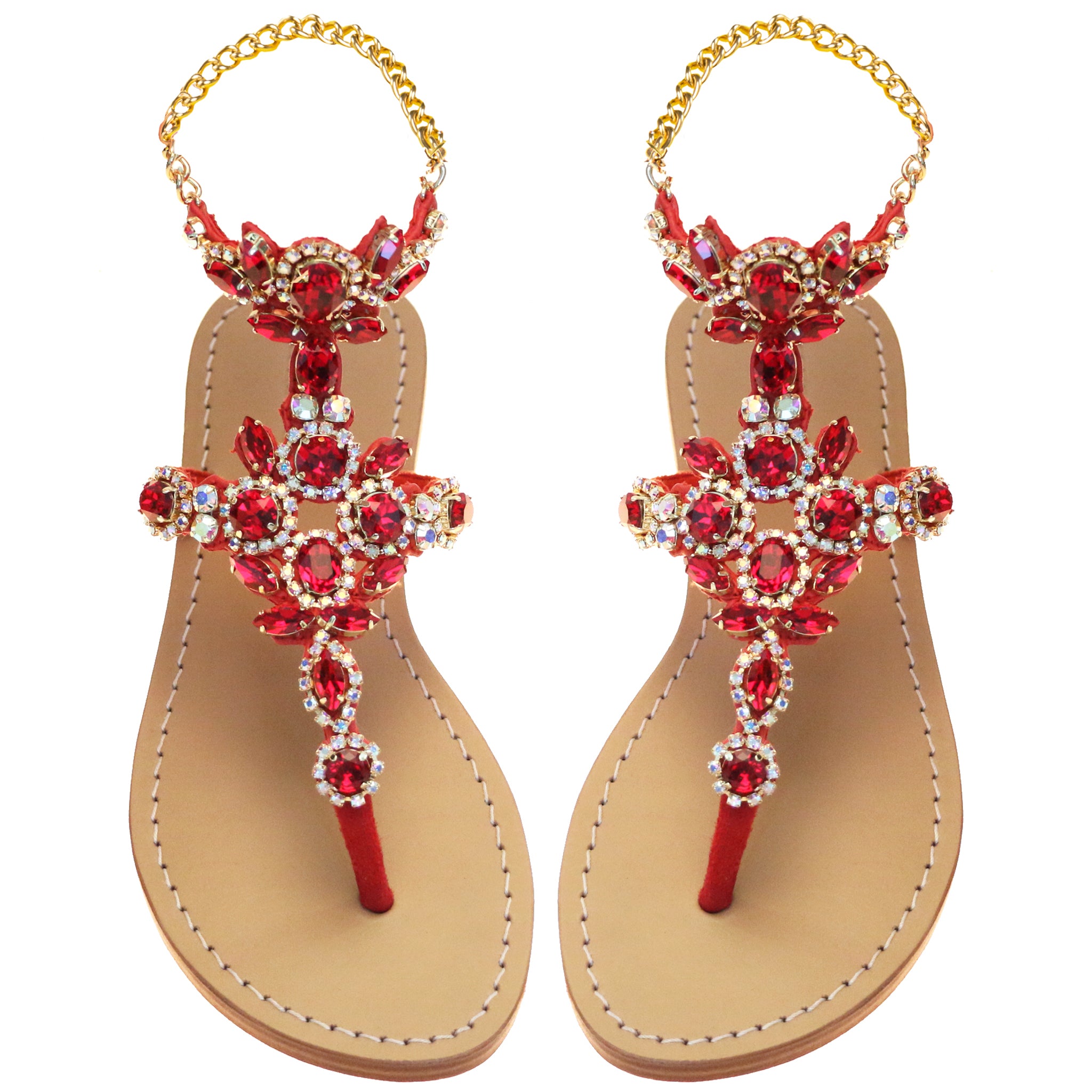 Akure - Women's Red Jeweled Chain Leather Sandals | Mystique Sandals
