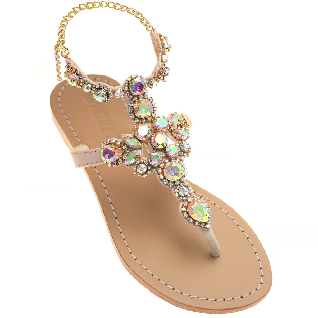 Jeweled & Embellished Flat Leather Women's Sandals | Mystique Sandals