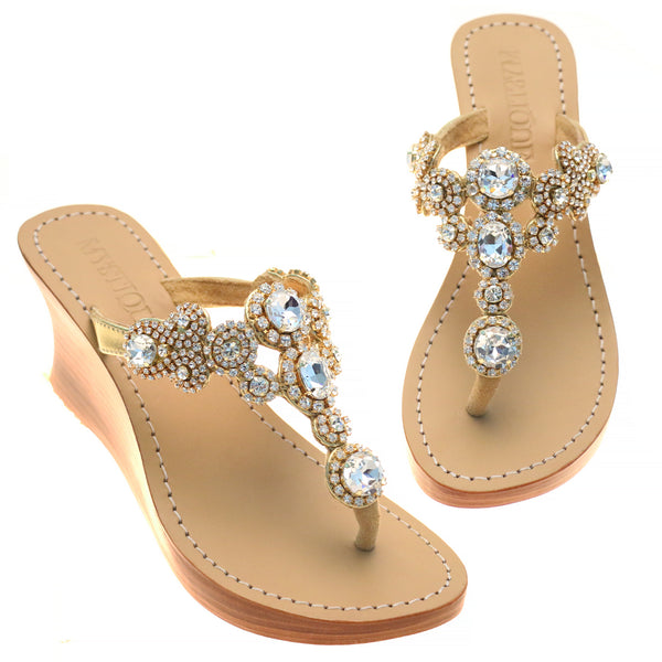 Bellevue - Women's Gold Jeweled Wedge Sandals | Mystique Sandals