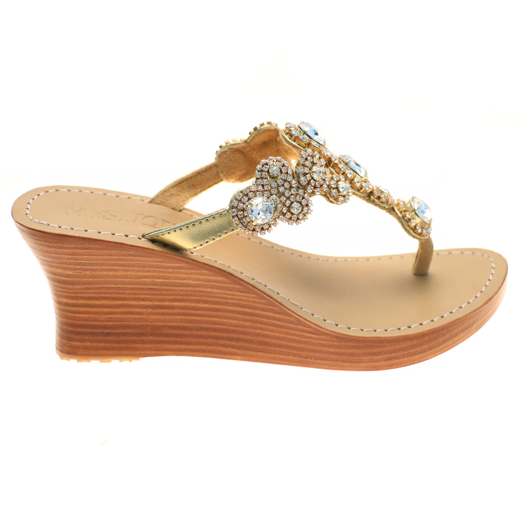 Bellevue - Women's Gold Jeweled Wedge Sandals | Mystique Sandals
