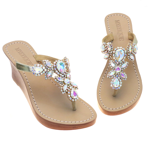 Belmont - Women's Gold Jeweled Wedge Sandals | Mystique Sandals