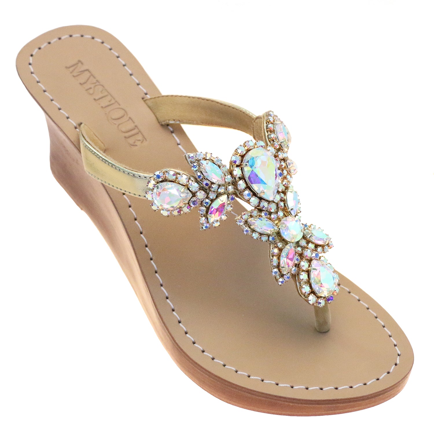 Belmont - Women's Gold Jeweled Wedge Sandals | Mystique Sandals